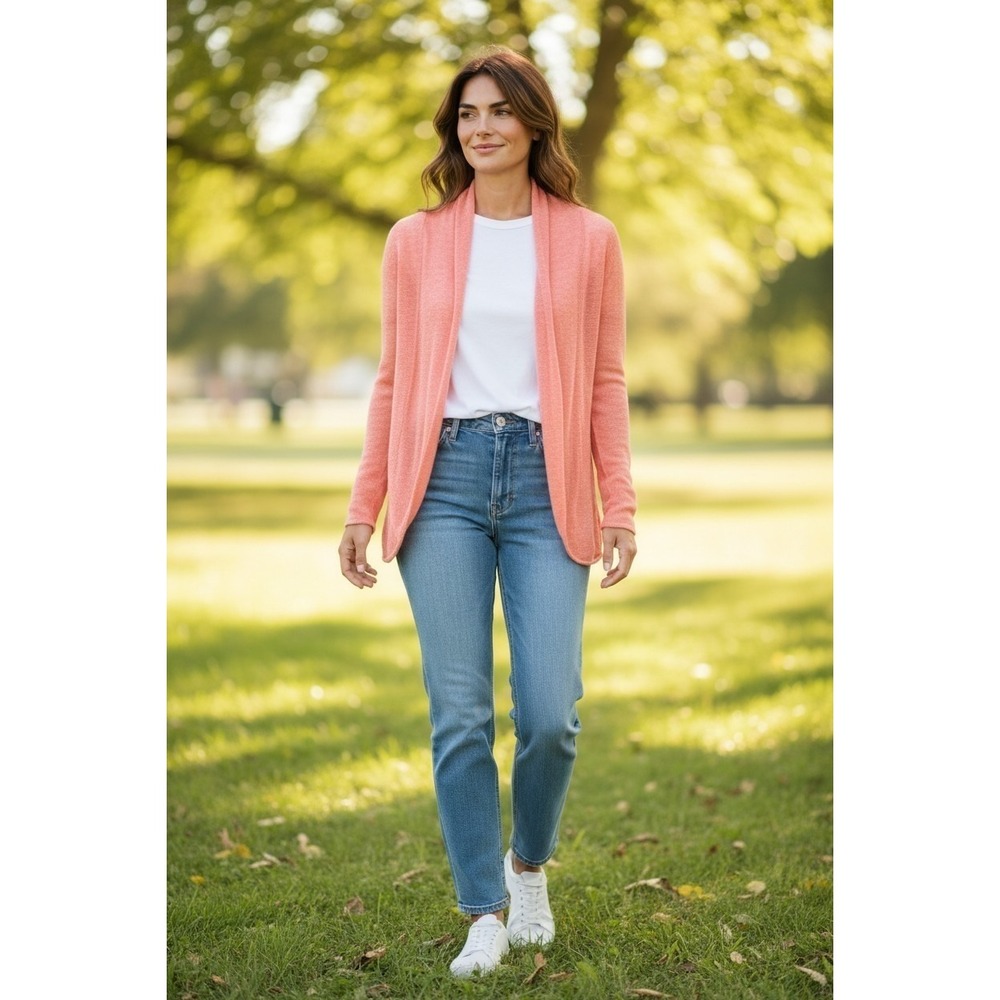 Eileen Fisher Salmon Orange Linen Blend Cardigan Lagenlook Boho Chic Grandmacore